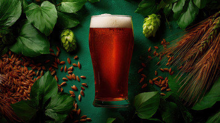 A vibrant glass of amber beer sits proudly atop a dark surface, surrounded by fresh hops, grains, and green leaves, capturing a rustic and natural vibe.の素材