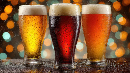 Three distinct glasses of beer showcase vibrant colors and textures, with droplets of water creating a refreshing look against a bokeh background.の素材