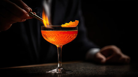 This captivating image features an expert bartender preparing a gourmet cocktail, highlighting a flaming garnish and vibrant colors against a dark background.の素材