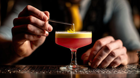A skilled bartender adds a delicate garnish to a vibrant cocktail in an upscale bar, showcasing creativity and attention to detail in a lively setting.の素材