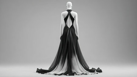 This captivating image showcases a stunning black and white dress displayed on a mannequin. The fluid design and elegant silhouette highlight the craftsmanship, perfect for fashion promotion.の素材