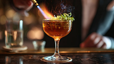A captivating artisan cocktail features a flaming garnish, representing skillful mixology in an elegant bar. This image captures the vibrant flavors and sophisticated ambiance of a nightlife experience.の素材