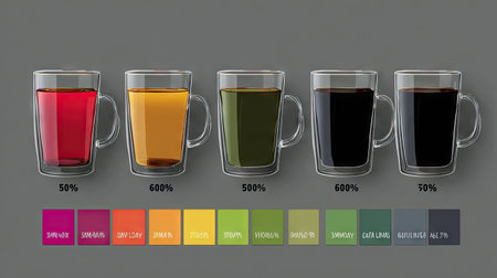A collection of four transparent glass mugs filled with beverages displaying various colors, demonstrating different saturation levels in a clean studio environment.の素材