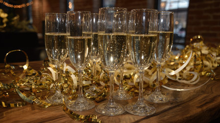 A stunning arrangement of champagne glasses filled with sparkling bubbles, accented by golden ribbons, perfect for festive celebrations or toasting special occasions.の素材
