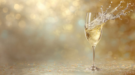 A beautiful glass of sparkling wine captured mid-splash against a shimmering golden bokeh backdrop. Ideal for celebrations, parties, and festive occasions.の素材