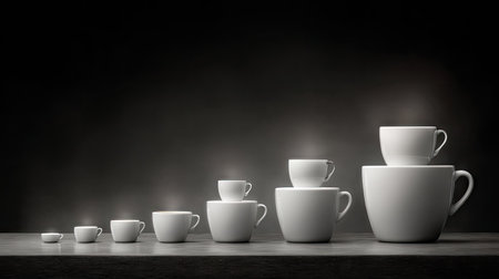 A stylish composition of varying sizes of white ceramic coffee cups arranged neatly on a dark surface. Soft lighting creates an inviting atmosphere, emphasizing the simplicity and elegance of the design. Ideal for themes of minimalism and modern dining.の素材