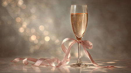A refined champagne glass filled with bubbly drink, elegantly tied with a soft pink ribbon, set against a warm bokeh background, ideal for celebrations.の素材