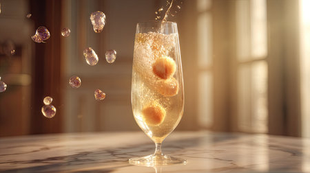 A visually captivating image of a sparkling beverage served in a tall glass, showcasing floating fruit and dynamic bubbles, perfect for summer refreshment.の素材