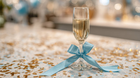 A beautifully arranged champagne glass tied with a blue ribbon sits elegantly on a sparkling celebration table, perfect for festive occasions.の素材