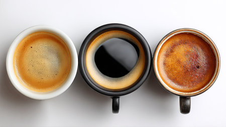 A visually appealing arrangement of three coffee cups displaying varying colors and textures, perfect for representing casual dining or cafの素材