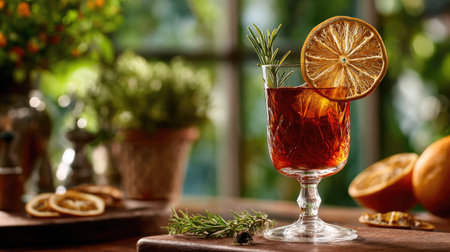 A beautifully crafted cocktail served in an ornate glass, featuring a garnish of dried orange and fresh rosemary, exuding warmth and elegance.の素材