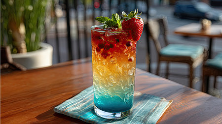 A stunning vibrant cocktail featuring layers of bright colors and garnished with fresh fruit, perfect for summer gatherings or outdoor cafes.の素材