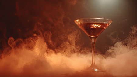 A stunning cocktail glass sits elegantly amidst swirling mist, illuminated by soft light. The drink's rich amber color and condensation evoke a festive atmosphere perfect for celebrations.の素材