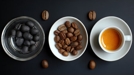 Explore the captivating journey of coffee, featuring raw and roasted beans alongside a freshly brewed espresso in an artistic flat lay display.の素材