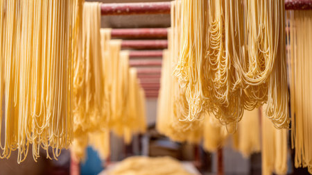 This image captures freshly made pasta hanging to dry in a rustic kitchen, highlighting the vibrant colors and textures of traditional Italian cooking.の素材