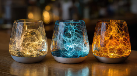 Three stunning light-up glasses featuring vibrant swirling patterns in blue, orange, and yellow, beautifully displayed on a wooden bar table.の素材