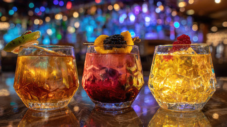This stunning image showcases three vibrant cocktails, beautifully garnished and served in crystal glasses against a colorful bokeh backdrop, perfect for nightlife themes.の素材