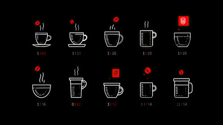 Explore a collection of minimalistic coffee brewing process icons featuring timers and measuring tools, ideal for creative projects or digital media use.の素材
