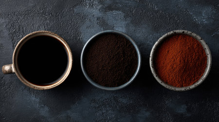 This captivating image showcases three types of coffee: a cup of brewed coffee, ground coffee, and cocoa powder. The dark, textured background enhances the rich colors and inviting textures, perfect for food and beverage themes.の素材
