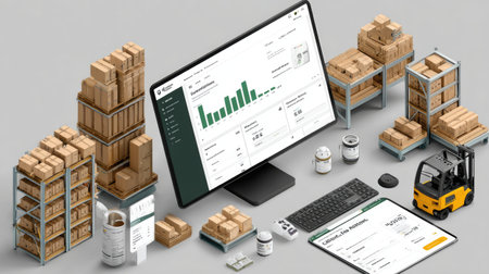 A modern digital inventory management system showcases a computer with analytics dashboard and organized warehouse items, emphasizing logistic efficiency and technology.の素材