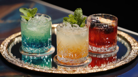 A stunning trio of colorful cocktails presented on an ornate tray, featuring vibrant hues, ice, and fresh mint leaves for an elegant touch. Perfect for festive gatherings.の素材