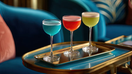 Three colorful cocktails sit elegantly on a stylish tray, showcasing vibrant blue, red, and green hues against a chic backdrop. Perfect for social gatherings.の素材