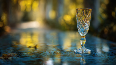 A stunning crystal glass stands gracefully on a decorative table, surrounded by a soft-focused autumn landscape, capturing the essence of elegance and tranquility.の素材