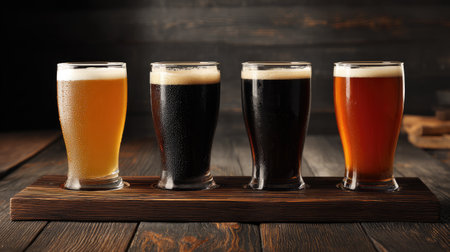 A stunning display of four distinct glasses of craft beer showcasing different colors and textures, perfect for promotional material focused on beverages.の素材