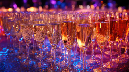 A vibrant display of sparkling champagne glasses filled with bubbly drinks creates a festive atmosphere, perfect for celebrations and special occasions.の素材