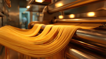 An intimate view of freshly made pasta sheets flowing from a machine in an artisan kitchen. The golden strands showcase the art of pasta-making, highlighting texture and quality. Perfect for food-related projects.の素材