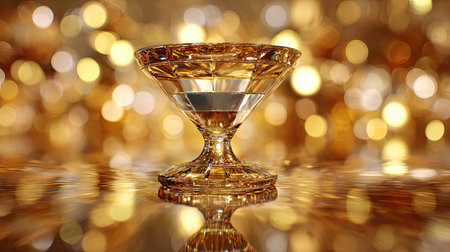 A stunning view of an elegant golden glass filled with liquid, beautifully reflecting a soft bokeh background. Perfect for festive themes and celebrations.の素材