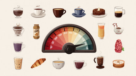 This colorful illustration features a variety of beverages and desserts against a warm background, showcasing an energy meter. Perfect for food and drink themes.の素材