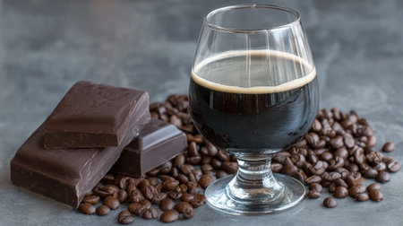 Enjoy a luxurious dark chocolate beverage served in a glass, accompanied by rich chocolate bars and coffee beans, perfect for indulgent moments.の素材