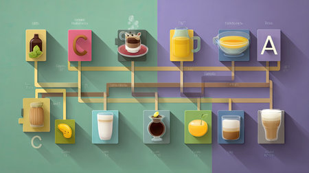 An engaging infographic showcasing a vibrant flowchart of various beverages and drinks, ideal for creative projects, menus, or educational purposes.の素材