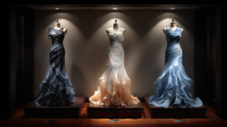 Stunning display of elegant evening gowns in a boutique setting, showcasing exquisite design and intricate fabric details under soft lighting. Perfect for fashion lovers.の素材