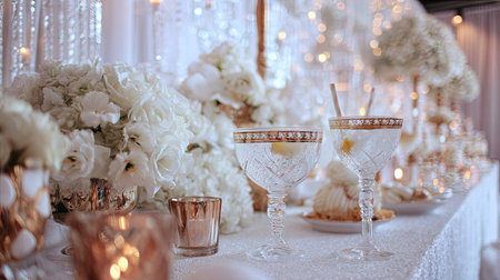 This stunning tabletop setup features elegant white floral arrangements, crystal glasses, and ambient lighting, creating a romantic and sophisticated atmosphere for any celebration.の素材