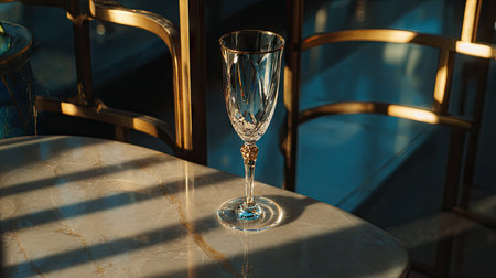 An elegant crystal glass rests on a marble table, beautifully illuminated by soft sunlight, evoking a chic and luxurious ambiance perfect for celebrations.の素材