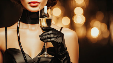 The image captures an elegant woman dressed in black, gracefully holding a champagne glass. The blurred lights in the background add a glamorous touch to the scene, evoking a sense of celebration and sophistication.の素材