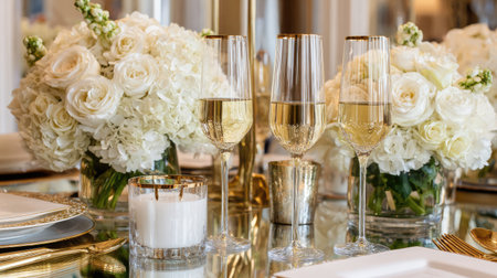 A stunning table setting featuring elegant white flower arrangements and golden champagne glasses. Perfect for special events and romantic dinners.の素材