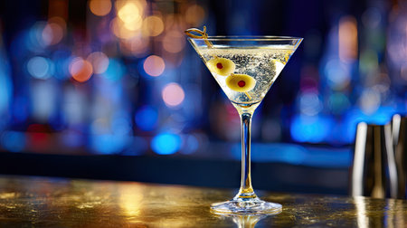 A beautifully crafted martini glass showcases a refreshing cocktail garnished with green olives, resting atop a sleek bar. The background features vibrant, blurred lights, creating an enticing atmosphere for a sophisticated night out.の素材