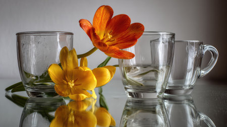A captivating still life composition featuring vibrant orange and yellow flowers alongside clear glass cups, creating a sense of beauty and tranquility.の素材