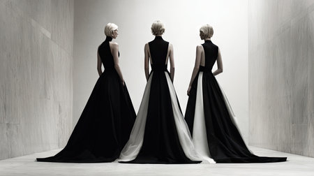 This stunning image features three elegantly dressed models in black and white gowns, showcasing the beauty of contemporary fashion in a minimalist setting.の素材