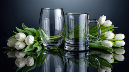 This stunning image features elegant glassware beside fresh white tulips, set against a reflective surface. It beautifully captures spring aesthetics and home decor inspiration.の素材