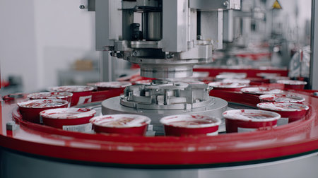 A close view of an automated machinery in a modern manufacturing facility, highlighting the production line for ice cream containers. This setup ensures efficiency.の素材