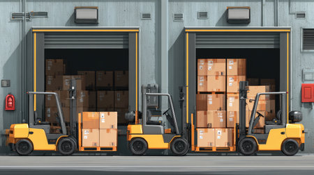 A vibrant industrial warehouse scene showcasing yellow forklifts working amidst large stacks of cardboard boxes, emphasizing logistics and efficient storage solutions.の素材