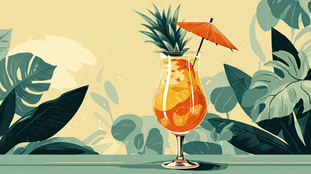 A vibrant tropical cocktail featuring pineapple and an umbrella, set against a warm backdrop of lush greenery, symbolizing relaxation and summer joy.の素材