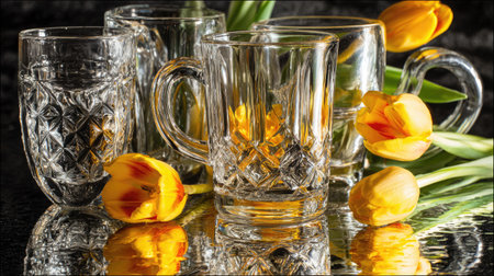 This captivating image showcases elegant crystal glasses paired with vibrant yellow tulips, creating a beautiful spring atmosphere. The reflective setting enhances the overall charm.の素材