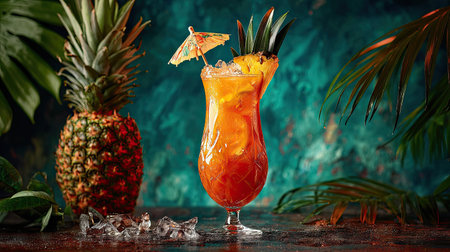 This stunning image features a vibrant tropical cocktail garnished with fresh pineapple and a colorful umbrella, set against a lush backdrop. Perfect for summer themes!の素材
