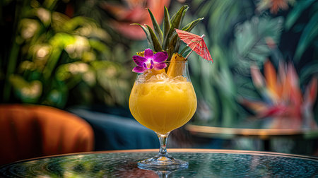 This vibrant cocktail features a delightful mix of flavors, garnished with a pineapple, orchid, and an umbrella. Perfect for brightening up any celebration!の素材
