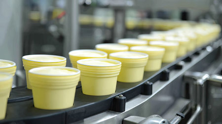 Image captures a production line featuring yellow plastic containers moving along a conveyor belt in a modern manufacturing facility. The scene highlights efficiency and automation in the production process.の素材